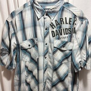Harley-Davidson Light Blue Plaid Short Sleeve snap-Down Shirt